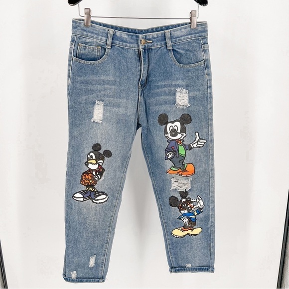 Mickey Mouse Ripped High Waist Loose Cropped - Picture 1 of 7